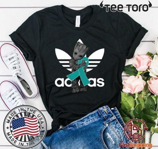 Groot Hugging Teal Ribbon Ovarian Cancer Awareness T-Shirt