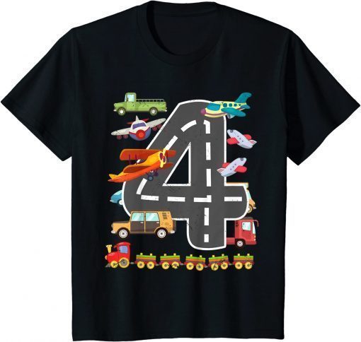 T-Shirt Kids Cute 4 Year Old Transportation Birthday Car Trains Plane 4