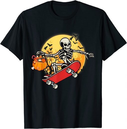 Skateboarding Skeleton Skater Halloween Skate Pumpkin Candy Gift Tee Shirt