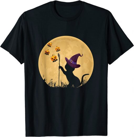 Cat with witch hat Pumpkin bat Moon Halloween Costume Kitty Unisex T-Shirt