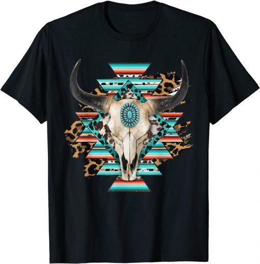 2021 Western Serape Aztec Cow Skull Bull Skull Cowgirl Rodeo Girl T-Shirt