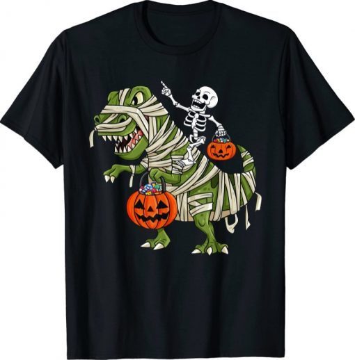 Skeleton Riding Mummy T Rex Halloween Boys Girls Kids T-Shirt