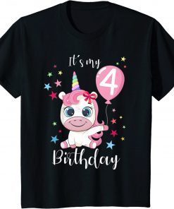 Kids It is My 4th Birthday I am 4 Years Sweet Cute Unicorn Balloon T-Shirt