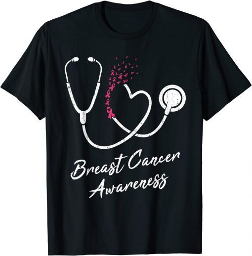 Nurse Stethoscope Heart Pink Ribbon Breast Cancer Awareness T-Shirt