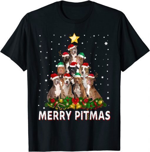 2021 Merry Pitmas Pitbull Dog Ugly Christmas Sweater Tree Dogs T-Shirt