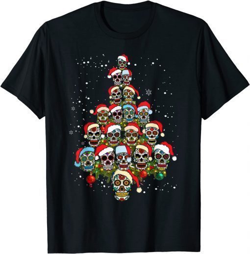 Sugar Skull Christmas Tree with Santa Hat Tee T-Shirt