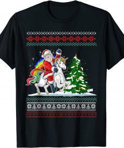 Santa Claus Riding On A Unicorn Ugly Christmas Unisex Tee Shirts