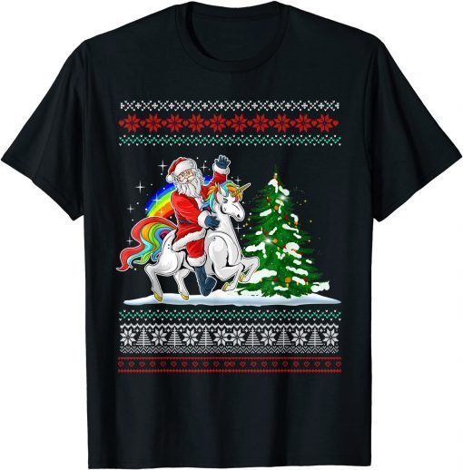 Santa Claus Riding On A Unicorn Ugly Christmas Unisex Tee Shirts