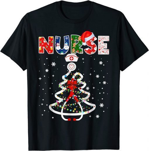 Funny Nurse Stethoscope Christmas Tree Lights Decorations Xmas Pjs 2022 T-Shirt