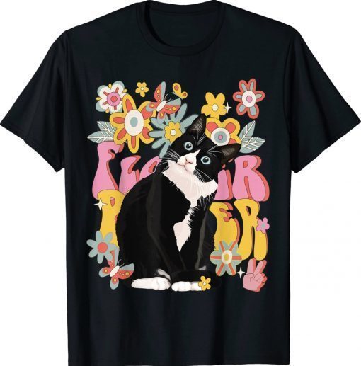 Vintage Tuxedo Cat Retro 60s 70s Vibe Flowers Peace Sign Shirts
