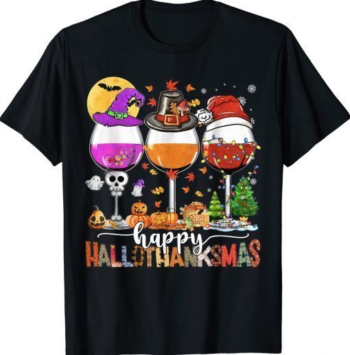 Happy Hallothanksmas Wine Glasses Witch Santa Hat Vintage T-Shirt