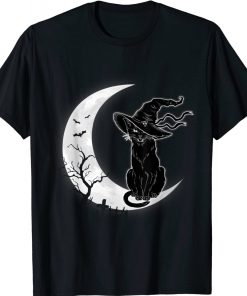 Vintage Moon Halloween Scary Black Cat Costume Witch Hat Shirts