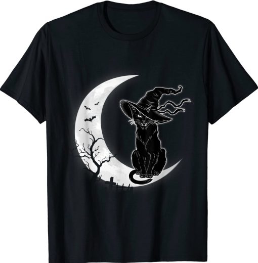 Vintage Moon Halloween Scary Black Cat Costume Witch Hat Shirts