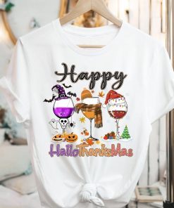 Wine Glass Happy Hallothanksmas Thankgiving Glass Wine Lover Vintage TShirt