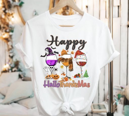 Wine Glass Happy Hallothanksmas Thankgiving Glass Wine Lover Vintage TShirt