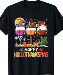 Happy Hallothanksmas Wine Glasses Witch Santa Hat Pumpkin Gift TShirt
