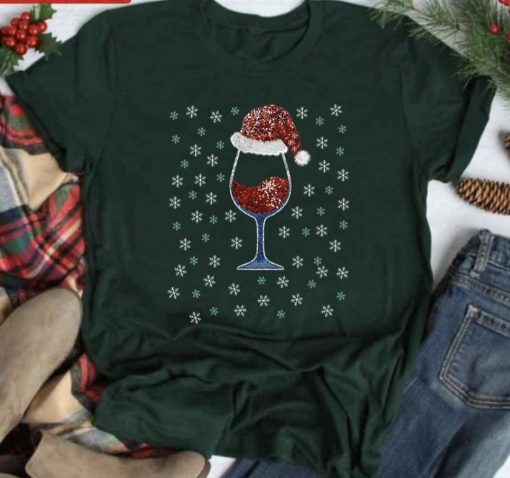 Wine With Christmas Hat Christmas Snowflakes Winter Unisex TShirt