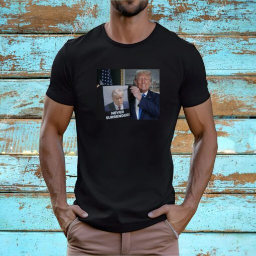 Donald Trump Shows Off Trump Mugshot Never Surrender V-Neck Shirt